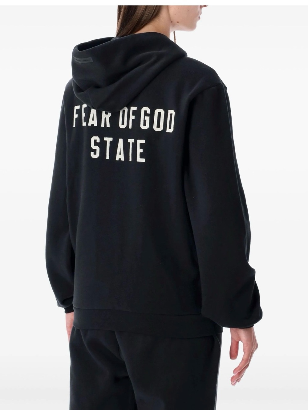 Fear of God Black zipped Hoodie with embroidered FEAR OF GOD STATE' Back Print